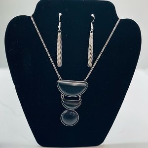Fashion long necklace and earrings matching set, black stone and silver, NEW